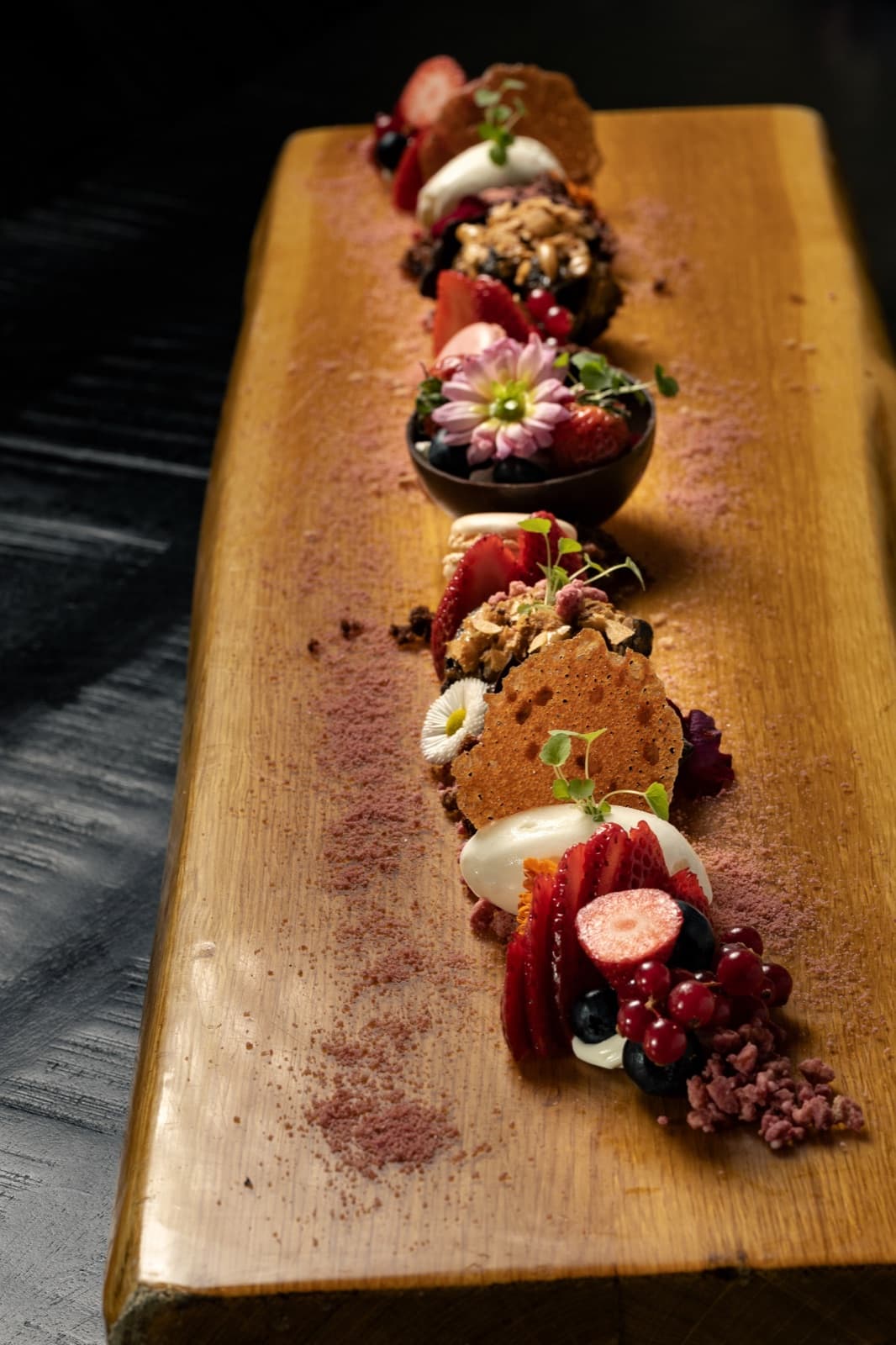 Dessert board with petits fours, sorbet and fresh fruit