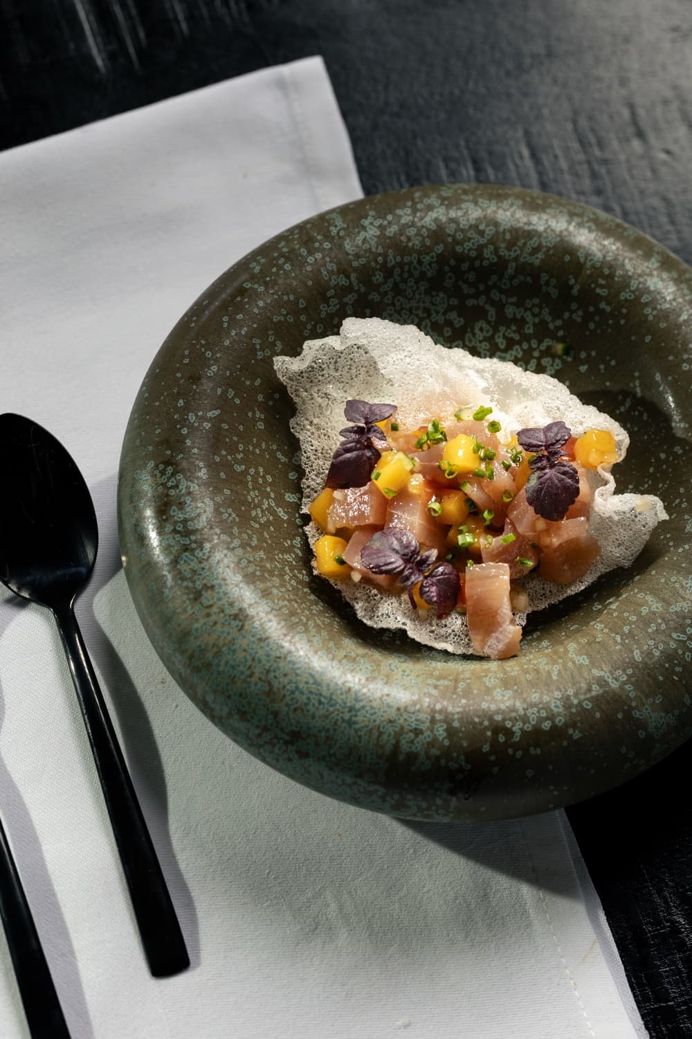 Tuna tartare with mango in a ceramic bowl