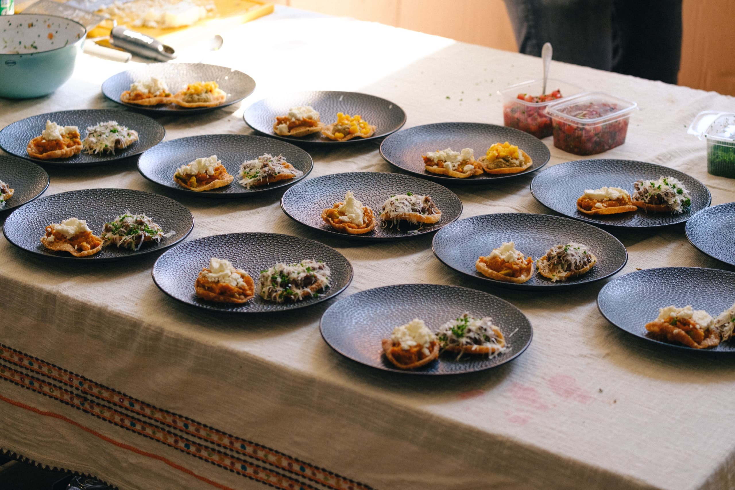 Rows of plated bites, ready to serve